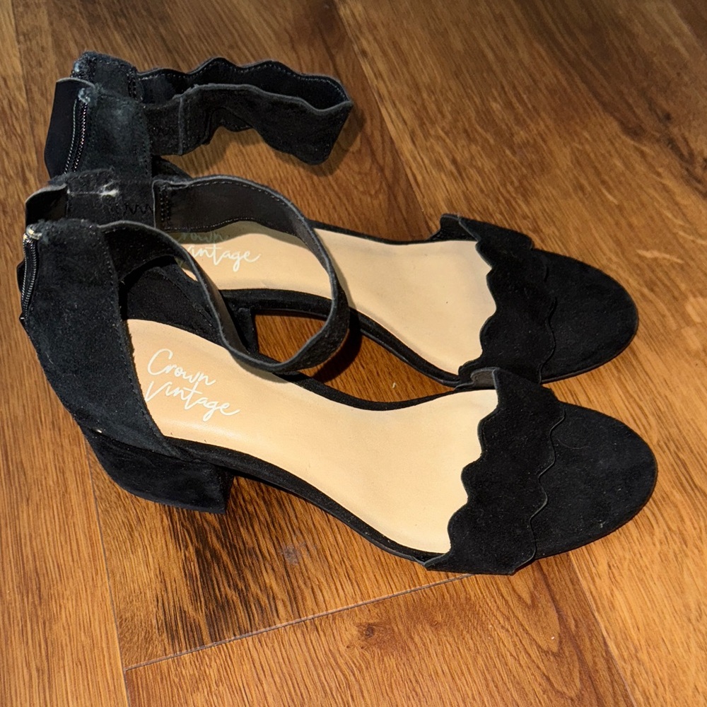 Crown Vintage Scalloped Black Suede Heels